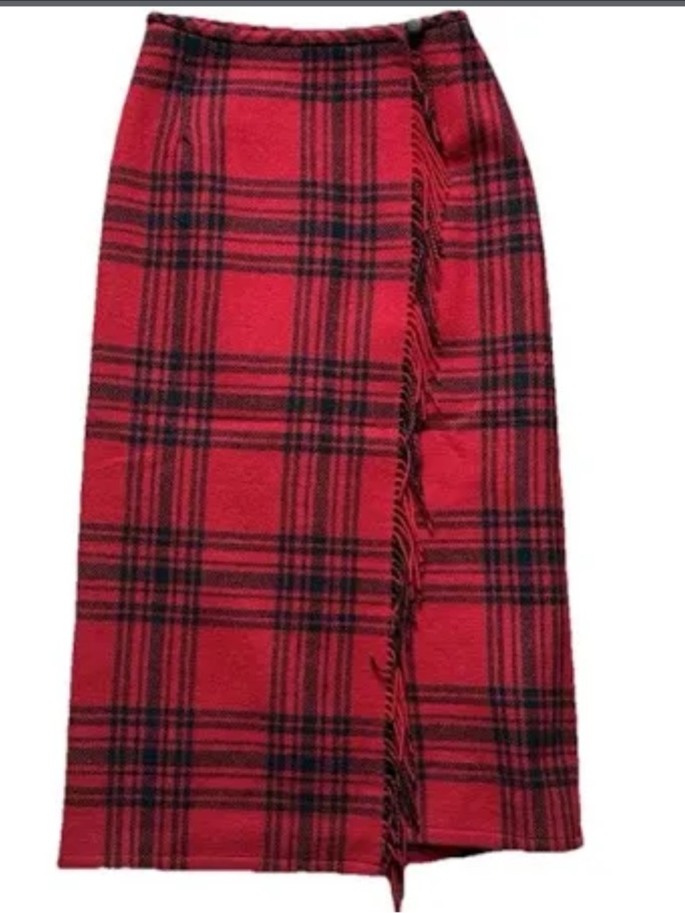 Vtg Eddie Bauer Skirt Red Black Plaid Wool Blend Blanket Maxi Fringe 10 petite